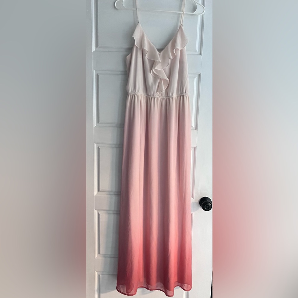 Blush pink ombré maxi dress with ruffle v neck